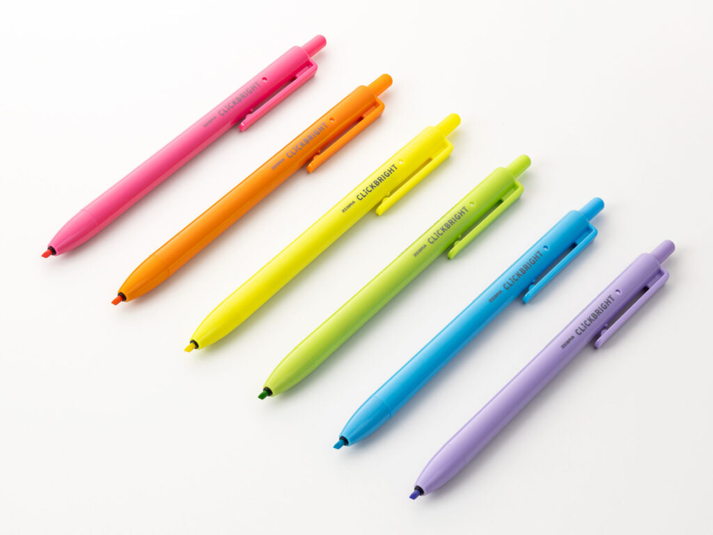 狙った文字やテキストにピンポイントでラインが引けるゼブラ株式会社の新作蛍光ペン・クリックブライトのカラー展開はピンク・オレンジ・黄色・グリーン・水色・紫です。